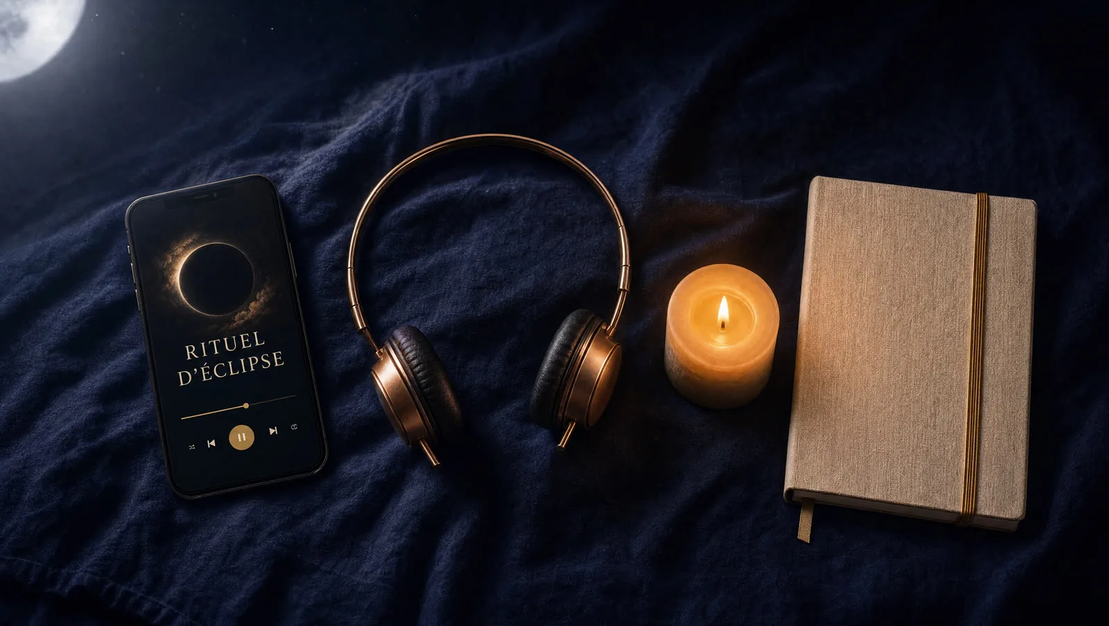 Le rituel prêt pour le soir : l'audio Rituel d'Éclipse, les écouteurs, la bougie et le carnet