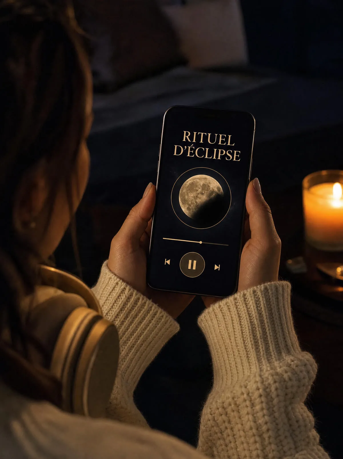 L'audio Rituel d'Éclipse prêt à être lancé sur le téléphone, la lune à moitié voilée